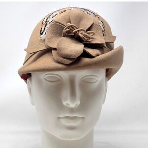 Adolfo II Vintage 60s70s Cloche Flower Feather Tan Camel Wool Retro 20s Preppy